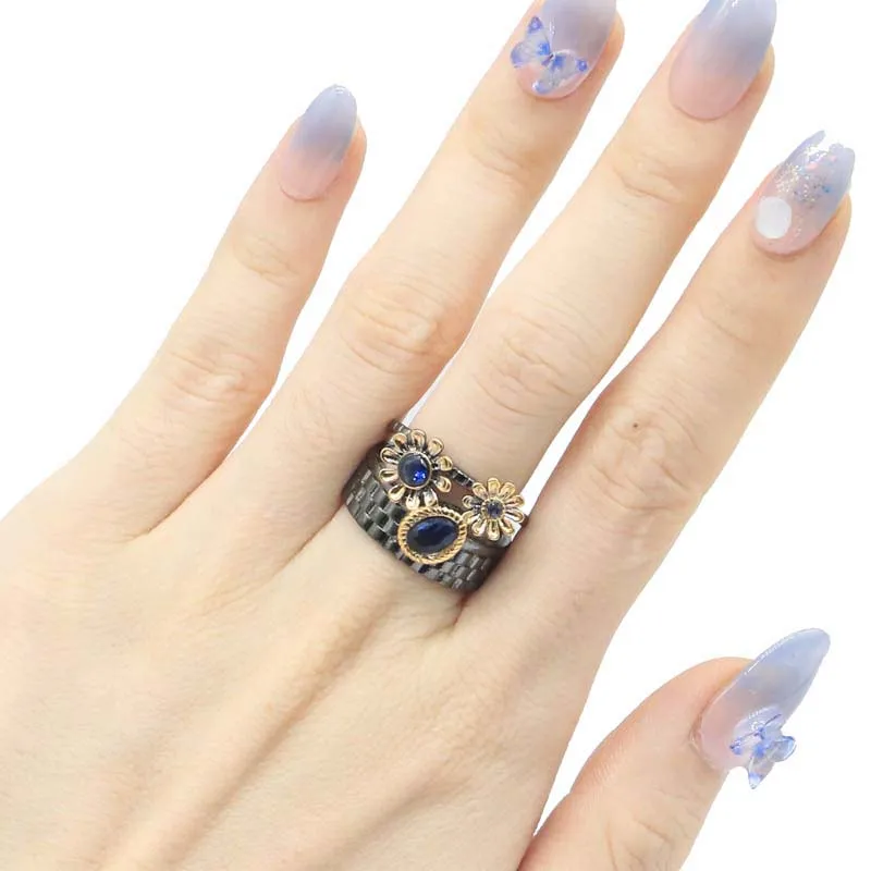 Buy 3 get 1 free 21x15mm Neo-Gothic Vintage Flowers Green Peridot Tanzanite Rhodolite Garnet Women Black Gold Silver Rings