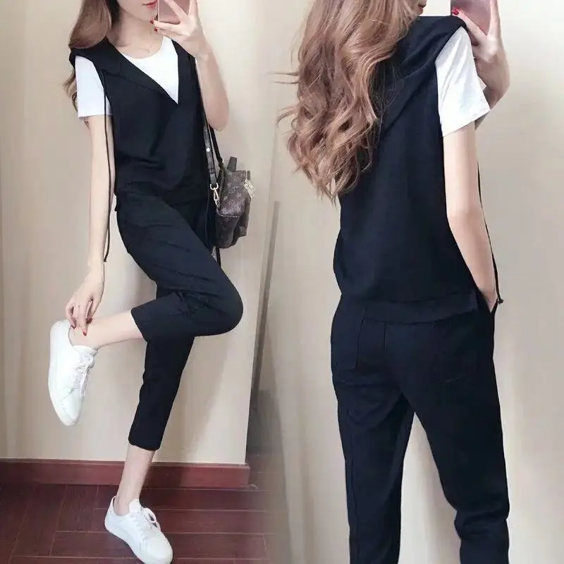 Women\'s Suits Oversized Hooded T-shirt Casual Sports Short Sleeve Tshirt Elastic Trousers Two Piece Sets 2022 Spring Summer New