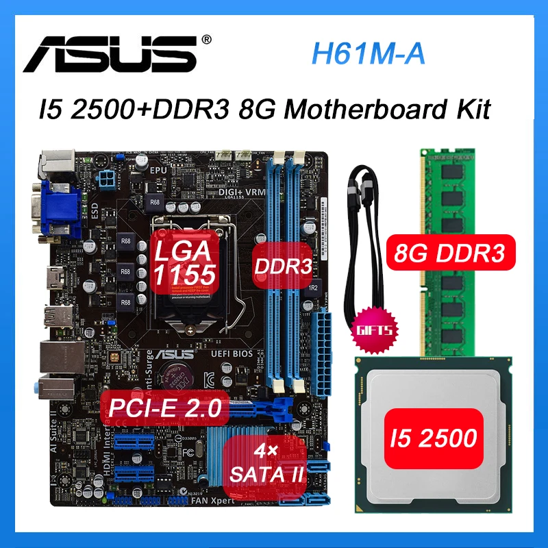 

Motherboard LGA 1155 ASUS H61M-A Motherboard set with intel Core I5 2500 cpus and DDR3 DIMM 8G PCI-E 2.0 ATX