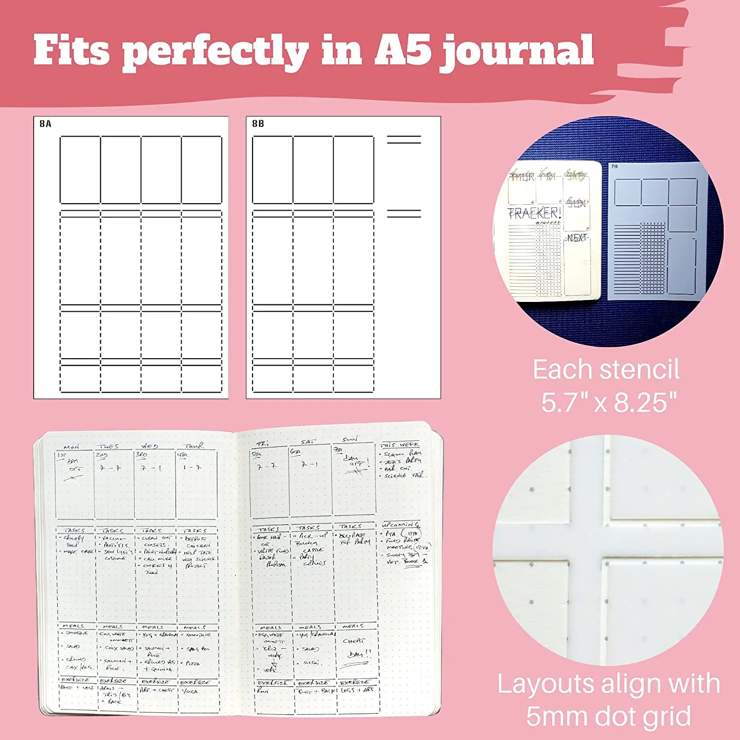 6Pack Reusable Plastic Weekly Layouts Journal Stencils for A5 Bullet Dot Grid Notebook, Save Time on Full-Page