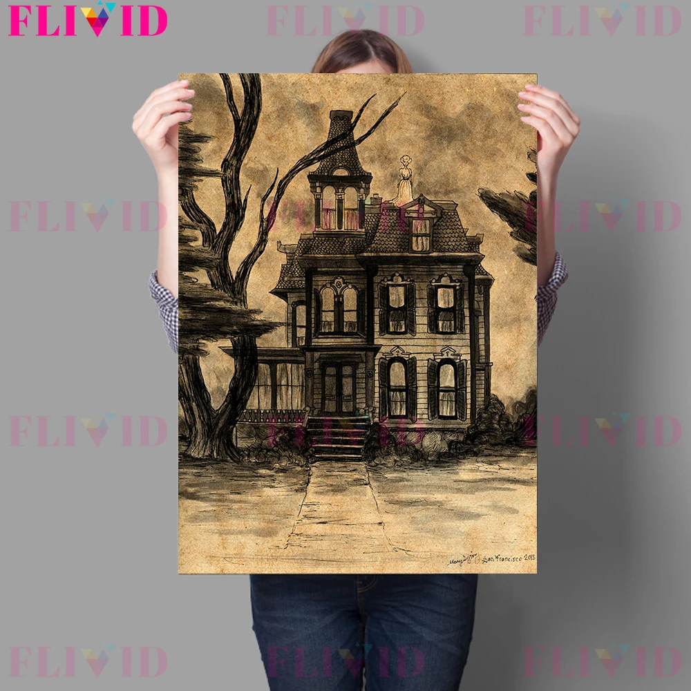 Abstract Retro Forest Witch House Art Poster Gothic Dark Witch Pencil Drawing Wall Art Canva Painting For Living Room Decoration