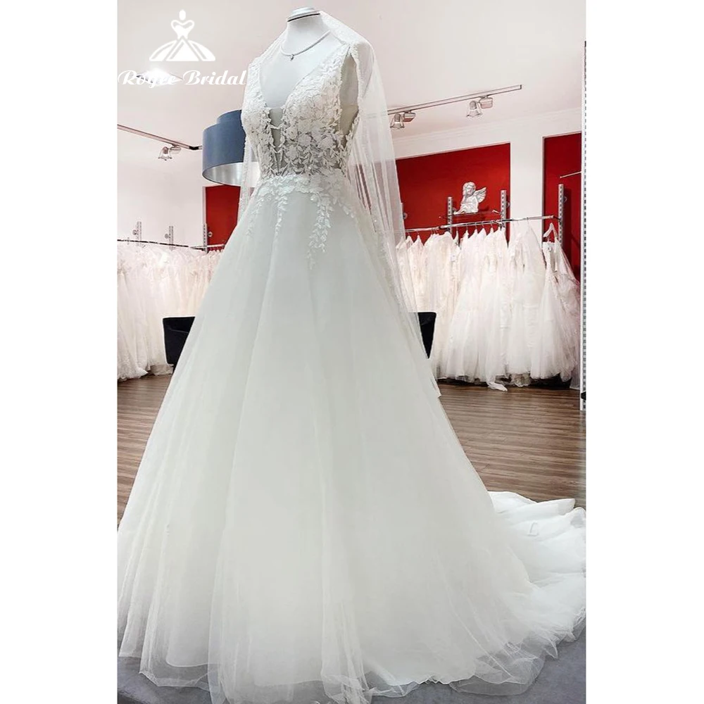 Elegant V Neck Tulle Ivory Lace A-Line Wedding Dresses Sexy Bridal Robe 2022 Appliques Boho Wedding Gowns Open Back Floor Lengt