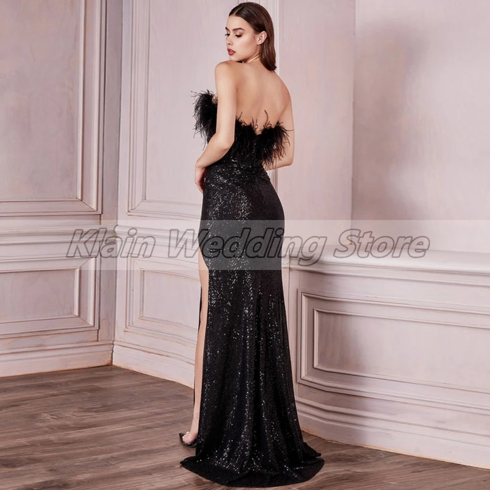 Customized Exquistie Black Sequined Evening Dresses Strapless Sleevless Banquet Gowns Long Side Slit Prom With Feather Custom Ma