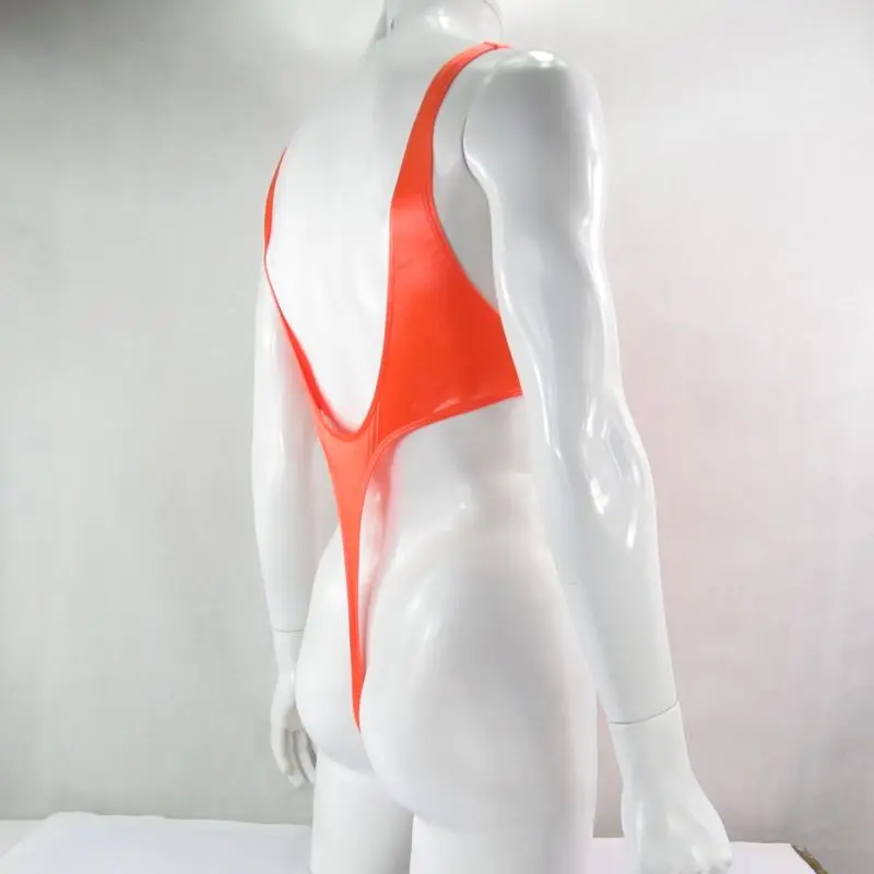 G528Y Mens bodysuit Thong Leotard U neck Back Nylon spandex shiny Satin Thin Stretchy