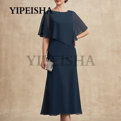 Simple Short Sleeve Navy Blue Mother Of The Bride Dresses Tea-Length Chiffon Wedding Guest Gown vestidos para madre de novia