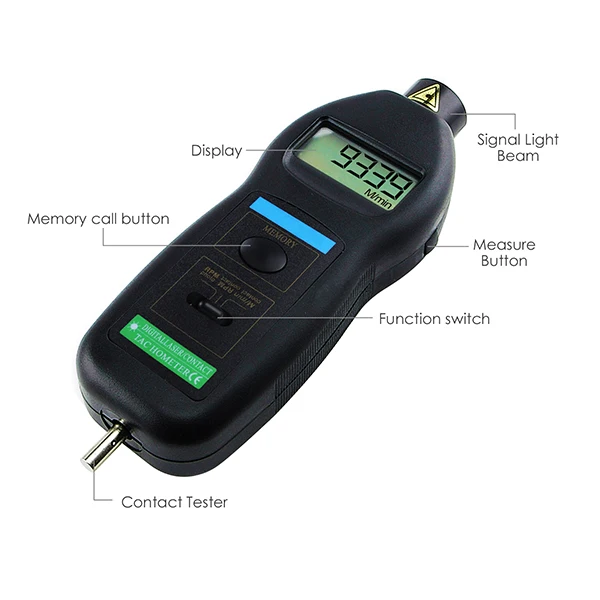 Handheld Auto Ranging 2in1 Digital Laser Non-Contact & Contact Tachometer Tach ft & m/min 0.5~99,999RPM Range