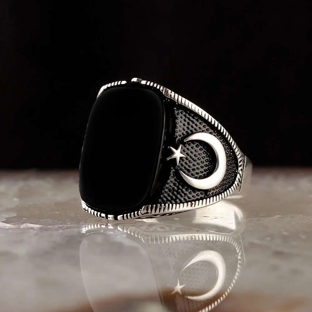 925K Real Sterling Silver Ring with Agate Stone and Crescent and Star Motiff Handmade Classic Jewelry For Man Turkish Flag