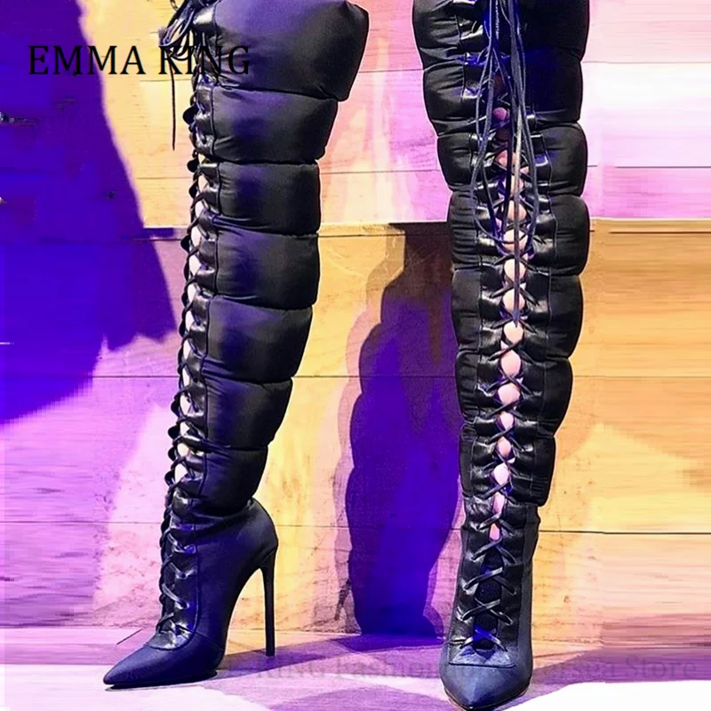 Autumn Winter Women Boots Sexy Pointy Toe Puffy Thigh High Boots Front Lace Up Stiletto Heeled Shoes Nightclub Botas De Mujer