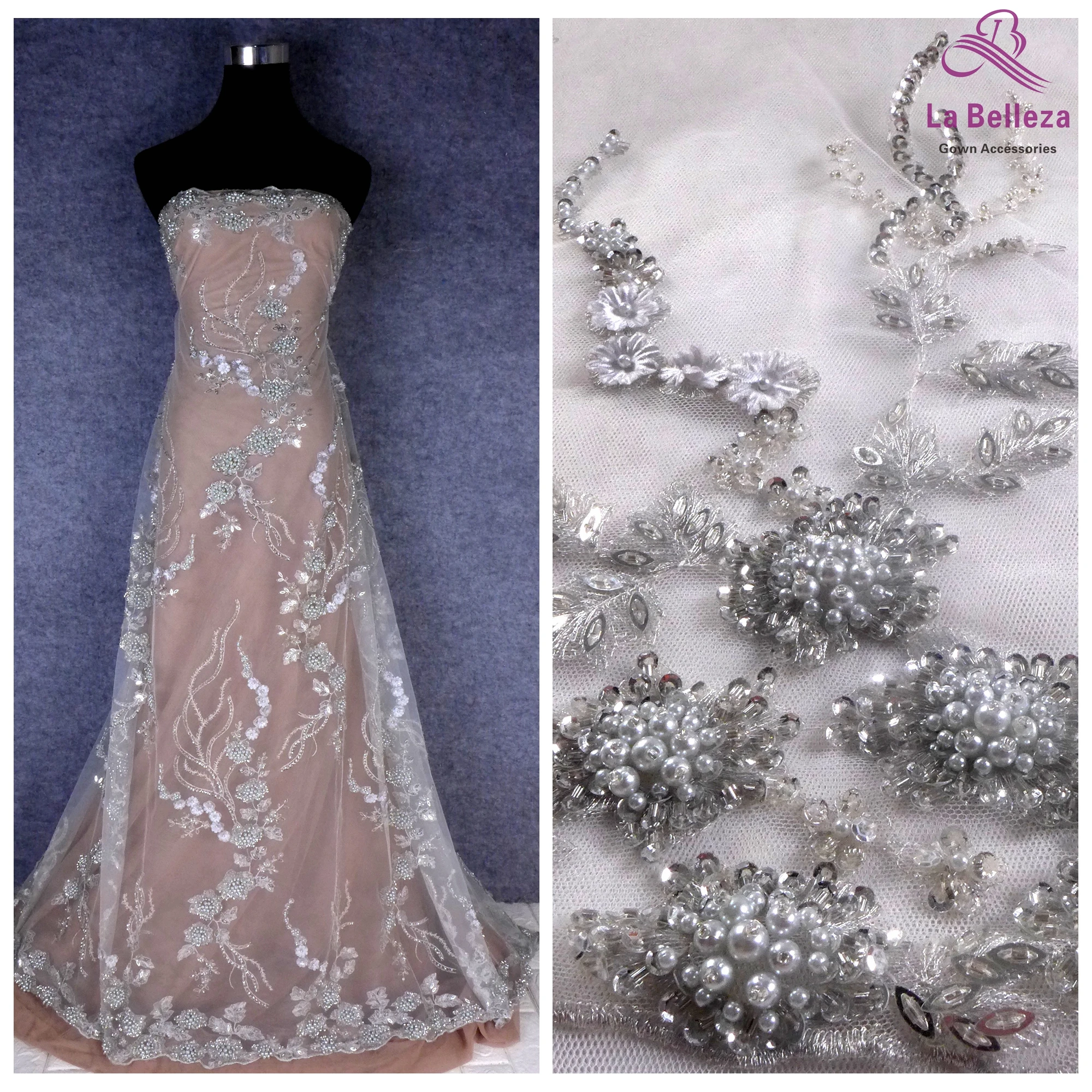 

La Belleza 2021 New design,gray beaded lace fabric,beading lace 1 yard