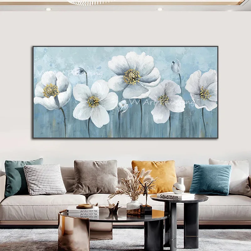 100% Handmade Thick Texture White Flower Canvas Painting, Light Blue Botanical Oil Art, Long Horizontal Contemporary Wall Art