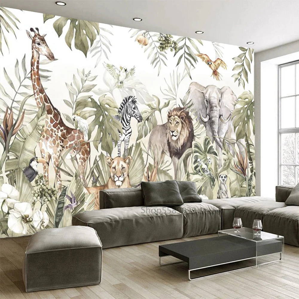 Custom Large Size Wallpaper Animals Among the Leaves of Tropical Plants Mural Giraffe Lion Zebra Elephant Children Room Decor 3D