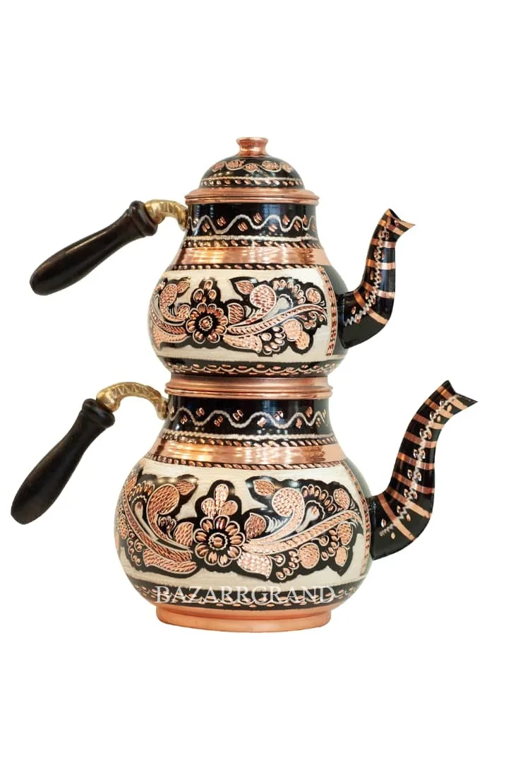 PREPARING TEA BEVERAGE WITH COPPER ENGRAVED PAINTED 3 SIZE OPTION WITH WOODEN HANDLE FREE SHİPPİNG