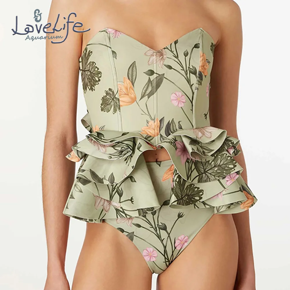 Takini Ruffled Swimwear Floral Print Split Swimsuit Green Backless Triangle Sexy Retro Vintage Lace Strap Thong Underwear Bra