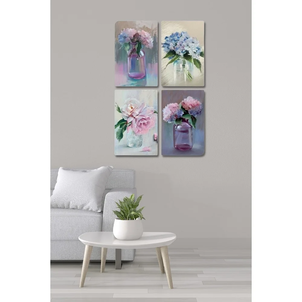 Handmade Wooden Painting Set of 4 Flowers In Vase Frame View Mdf Wall Decor For Living Room Living Room Bedroom 46 x 30 cm