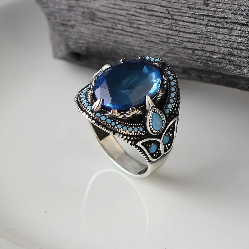 

Men's Blue Topaz Cubic Zirconia Real 925 Sterling Silver Ring Special Design 2022 Summer Winter Fashion All Dimensions Accessory Products Free kargo