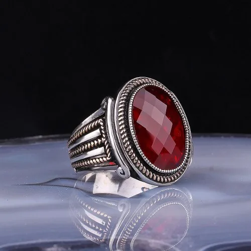 Silver Turkish Style Ottoman Ring with Red Zircon Stone is Handmade.