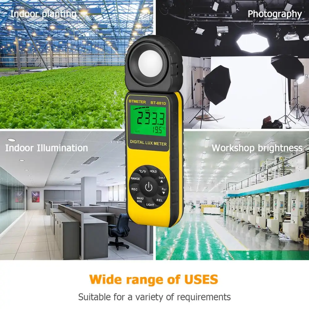 BTMETER Kỹ Thuật Số Độ Rọi Đèn Siêu Sáng 0.1 ~ 400,000 Lux, Đầu Cảm Biến Xoay Với LUX/FC, cầm Tay Nhiệt Độ Môi Trường Xung Quanh Tay