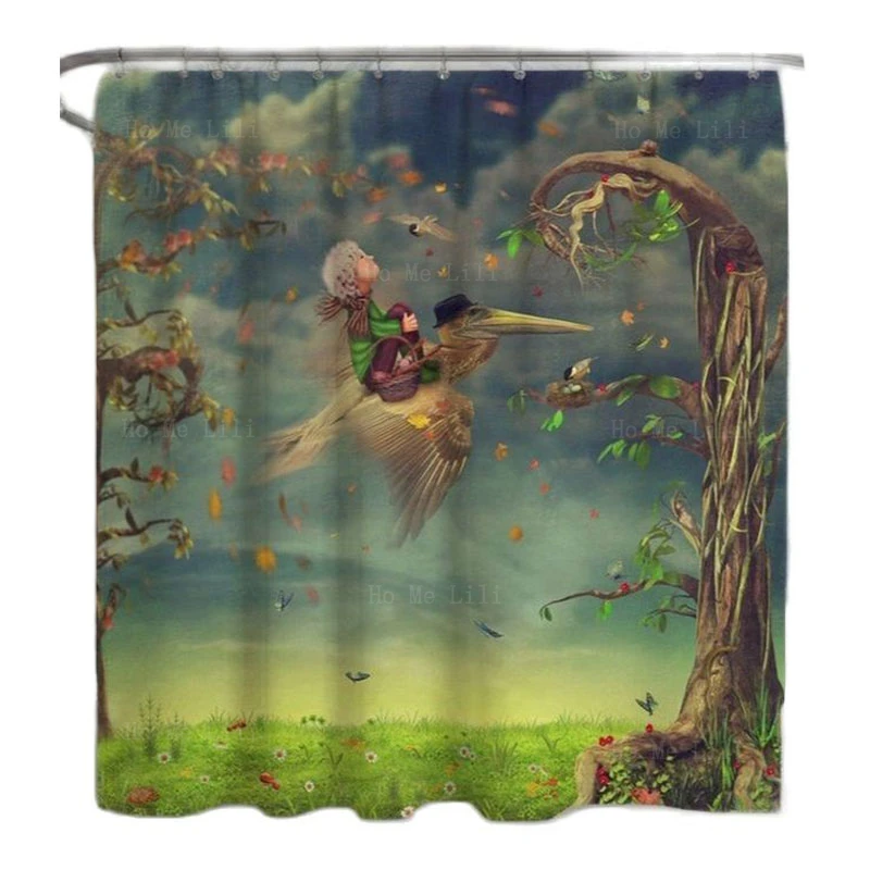 Leopard Tropical Forest Animal Flying Pelican And A Boy Blue Green Whimsical Artwork Surreal Shower Curtain For Bathroom Decor