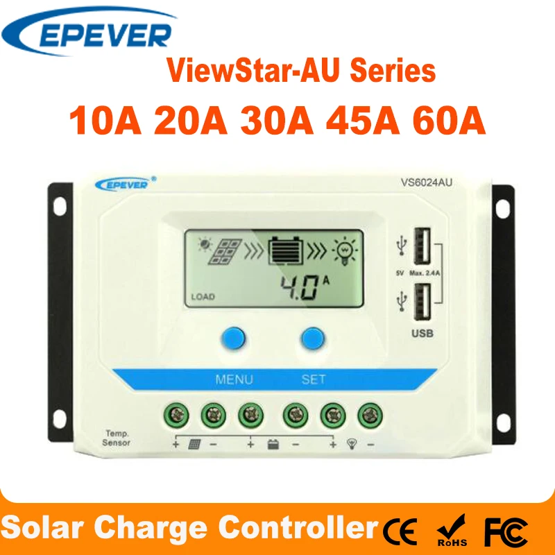 EPever 60A 45A 30A 20A 10A Solar Charger Controller 12V 24V Auto Backlight LCD Solar Panel Regulator Dual USB ViewStar-AU Series