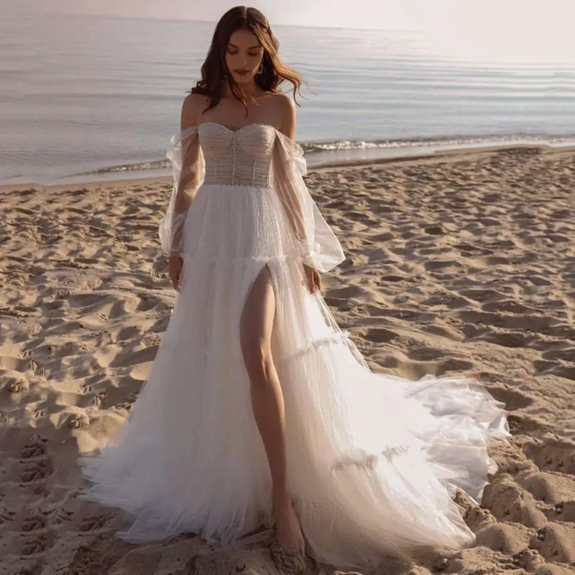 

11810#Chic Puff Sleeve Tulle Strapless Sweetheart A-Line Bohemian Sweep Train Pleated Slit Wedding Dress Wedding Bridal Gown