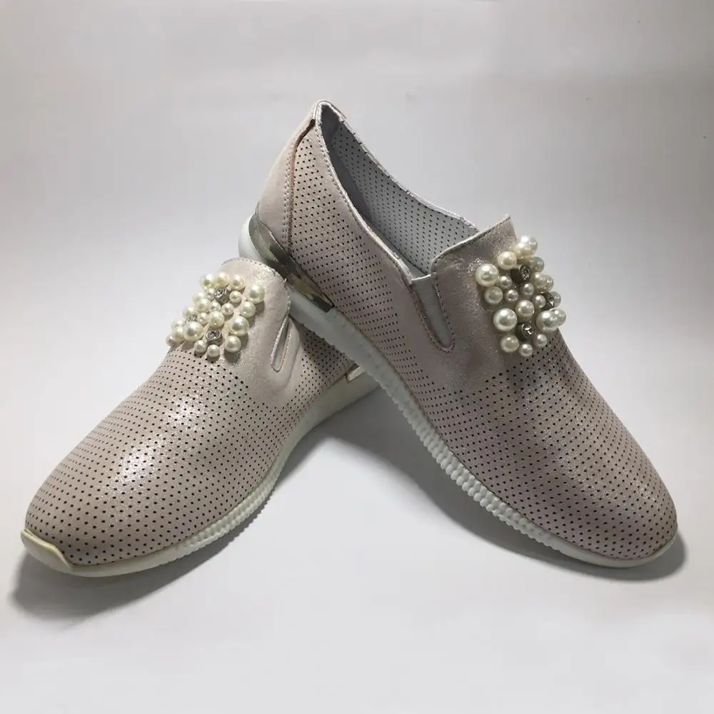 Women Genuine Leather Casual Shoes White Spring Summer Fashion Lightweight and Comfortable Design Breathable Flat Pearl Shoes