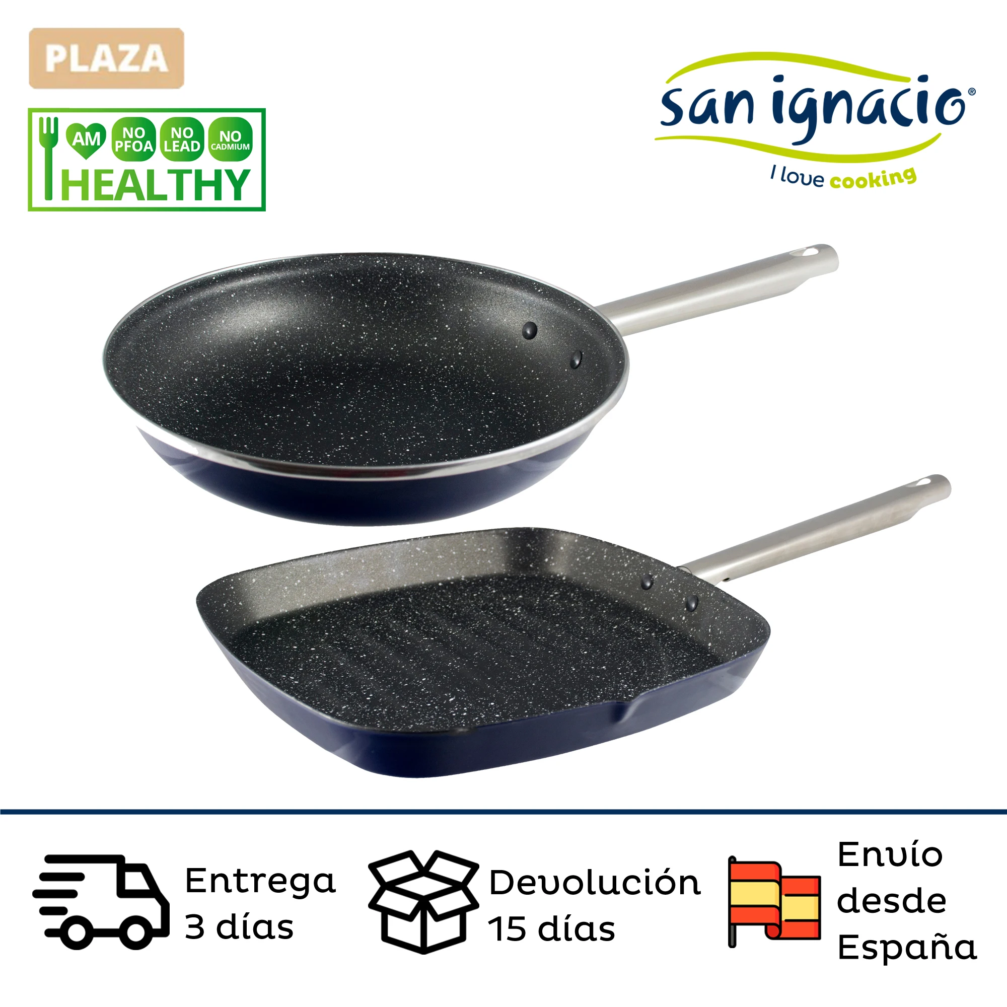 SAN IGNACIO Oceania pans set suitable for induction with interior coating in marble and enamel exterior