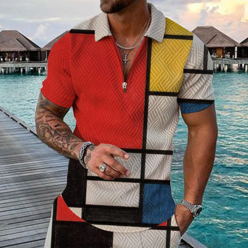 

Men's Casual Stripe Pattern Print Short Sleeve Zipper Polo Shirt 2022 Brand Men Short-Sleeved Summer Shirt Clothing