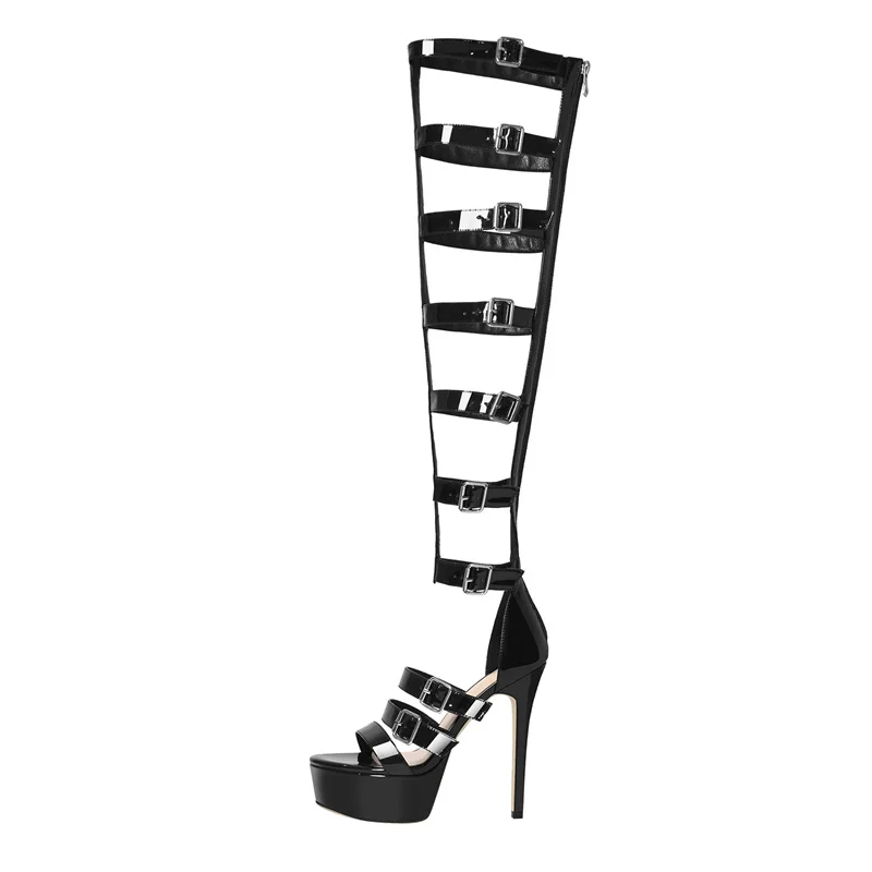Onlymaker Overknee Stiefel Sandalen Black Patent Leather 5