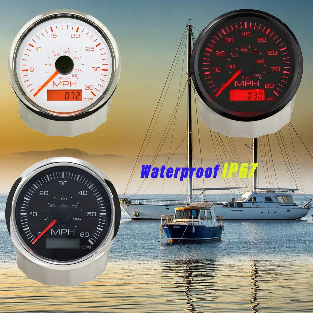 RHAXEL Universal Boat MPH GPS Speedometer Speedo 85mm 80MPH 12V 24V With 2 Backlights with Compass