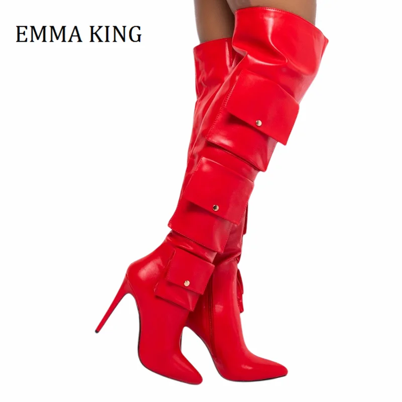 

Fall Winter Women Stiletto Pocket Boots Red Faux Leather Over The Knee Boots Pointed Toe Thigh High Heels Women Botas De Mujer