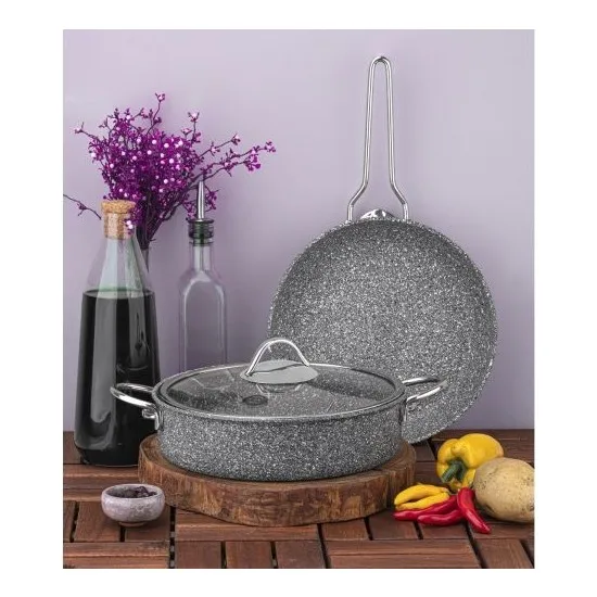 Tac Ultra Classic 3PCS Grey Pan& Pot 26cm Granit Nonstick With Glass Cover Turkish Cookware Set