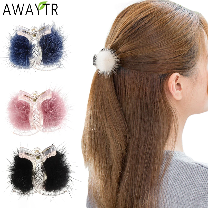 Women Mink Fur Hair Claw Small Banana Hair Clips Crab Hairpins Hair Accessories for Girl Headdress Ornament Hairgrips Barrettes