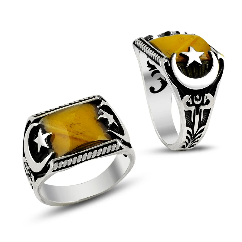 925 Silver Moon Star Ottoman Amber Handmade Men Ring Mans Ring