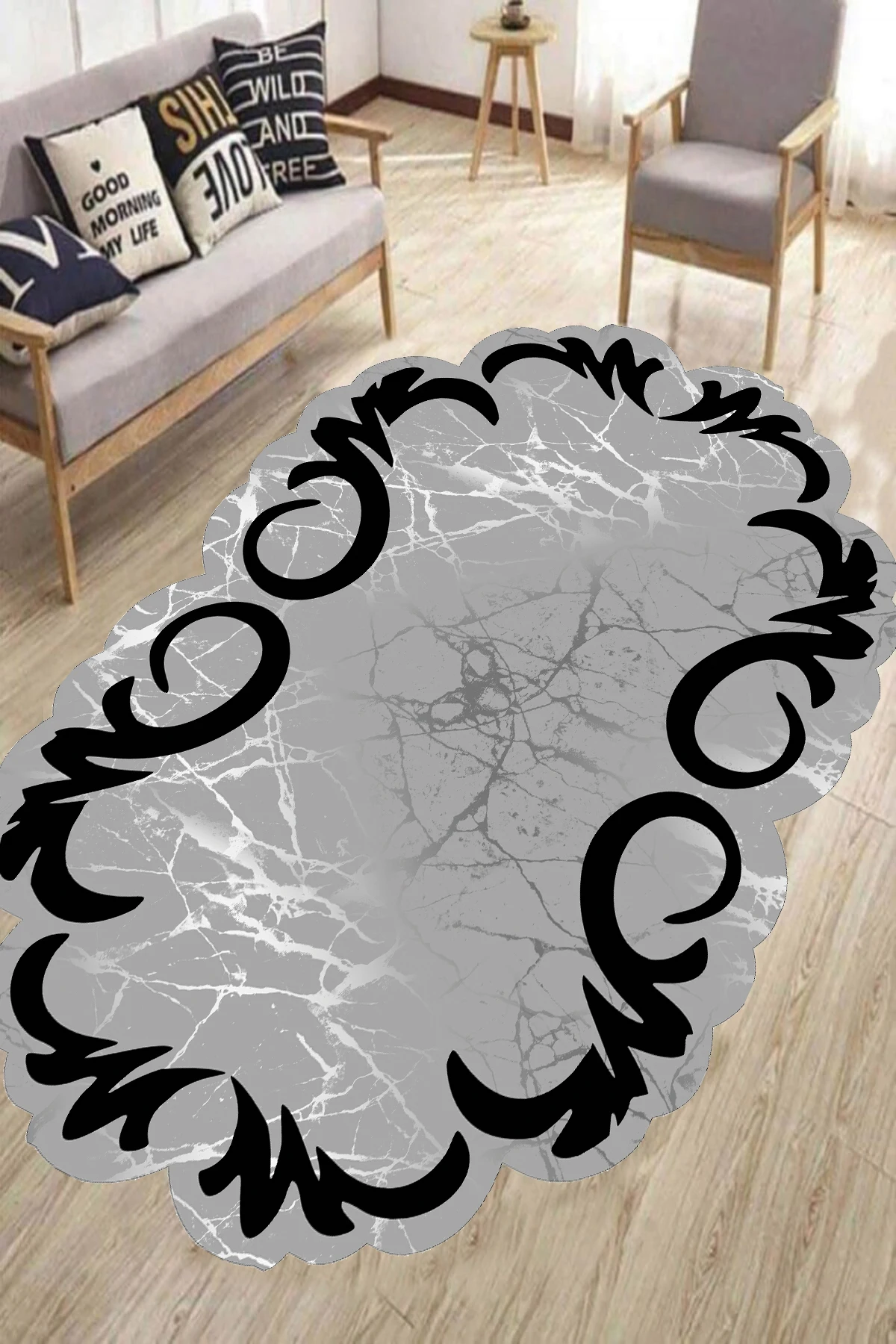 Laser-Cut Salon Mat Ellipse Design Washable Slip-Resistant Faux Leather Base Home Decoration Special Series Marble Pattern Gray Color