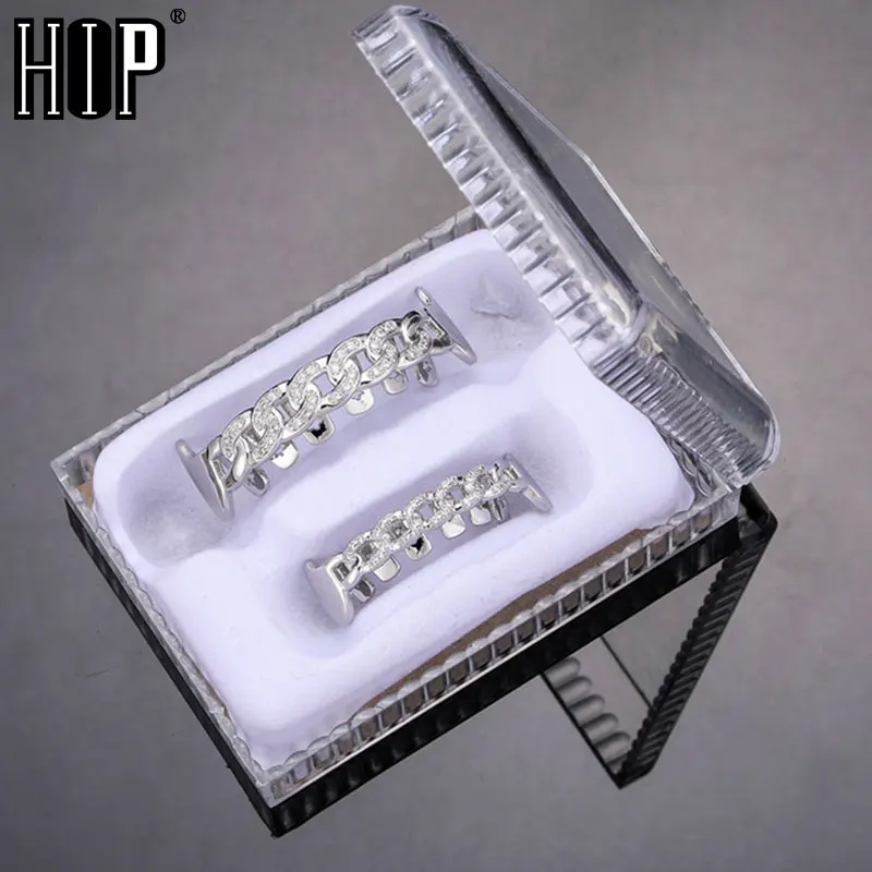 Hip Hop Iced Out Bling Teeth Grillz Caps Cubic Zircon Micro Pave Top & Bottom Charm Grills Set For Men Women Jewelry Box Packing