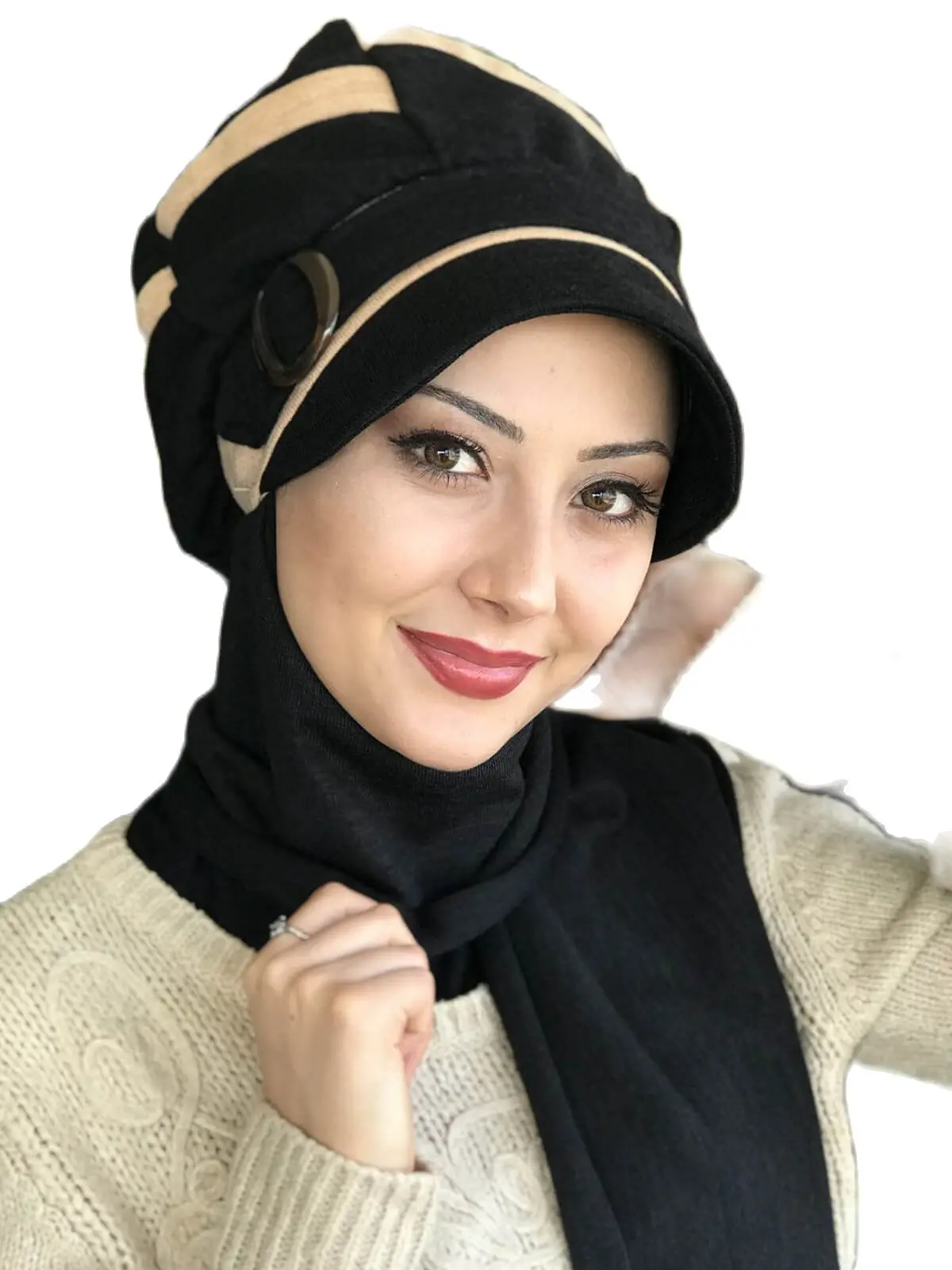 New Fashion Women 2021 Muslim Headscarf Islamic Turban Women\'s Scarf Tulle Foulard Bonnet Black Buckled Cream Striped Hat Shawl