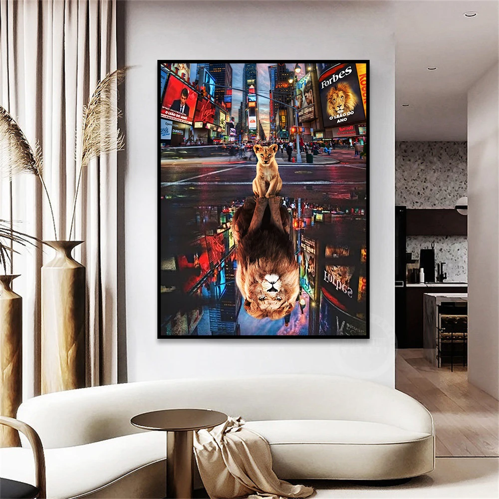 

Lion Reflection Animal Canvas Painting print Graffiti Street Wall Decor Home For Family Bedroom Living Room Picture Frameless