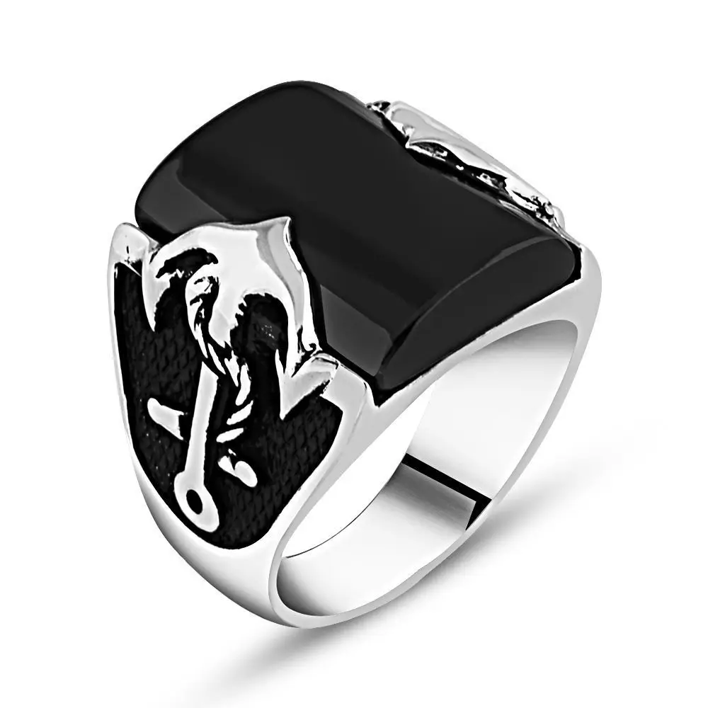 

MEN 'S 925 Sterling Silver Ring, Onyx Gemstone Genuine Natural Stone, Anchor Pattern, For Men Gift Jewelry, madfe in Turkey, the Trend of Fashion 2022