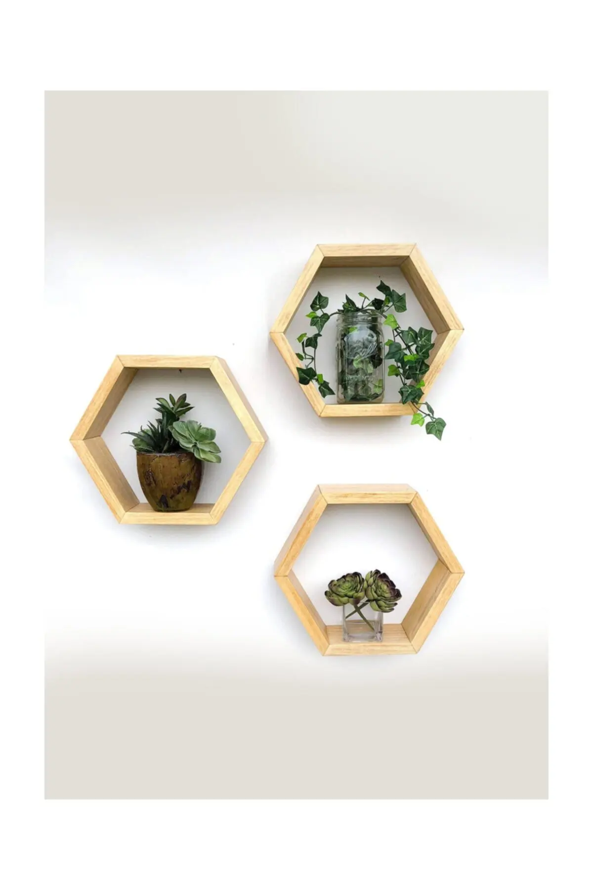 Wooden Decorative Design 3 Hexagonal Wall Shelf Appliance Accessory Interior Design Racks Set