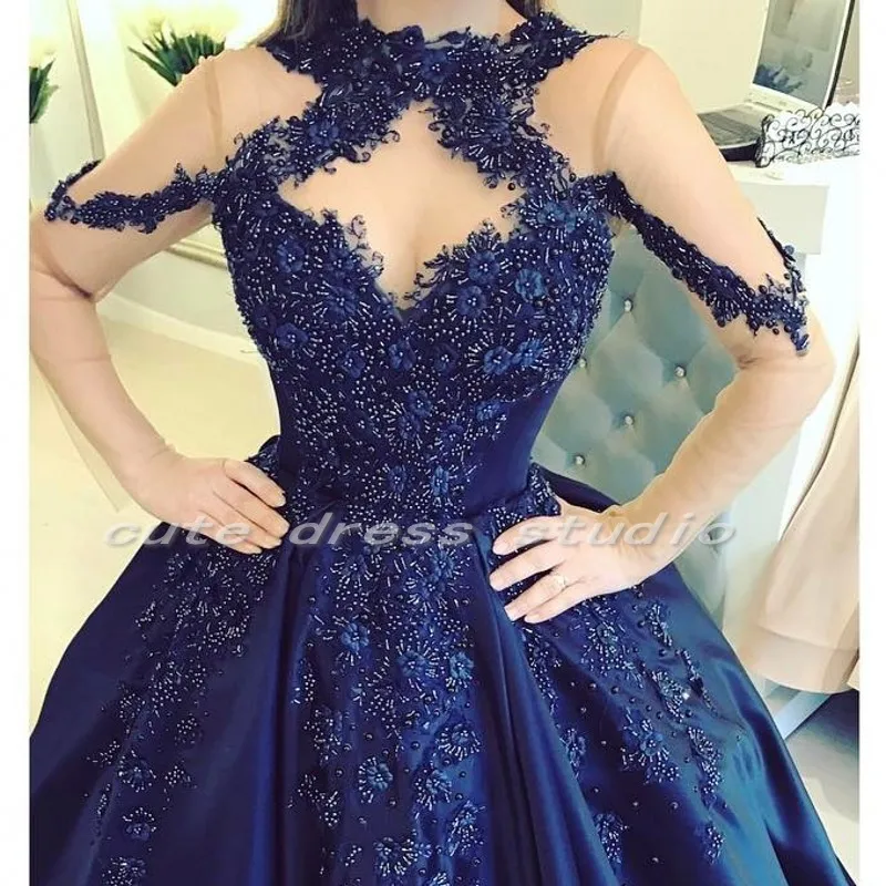 Robe de soirée trapèze à manches longues, tenue de soirée de fiançailles, bleu marine, avec des appliques de perles, 2021