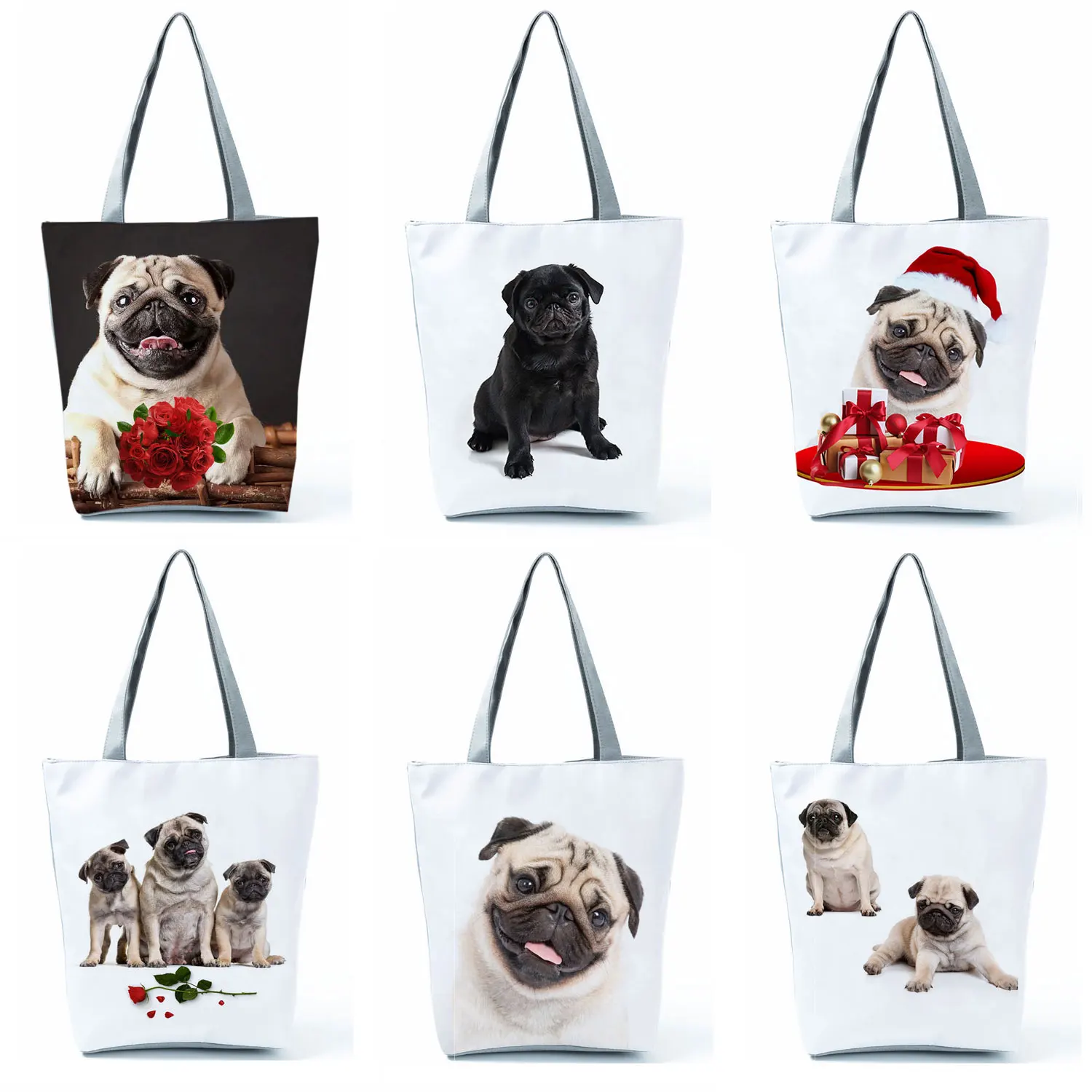 Dog Printed Handbag Cute Pug Casual High Capacity Eco Reusable Shopping Bag Practical Women Floral Outdoor Travel Storage Tote