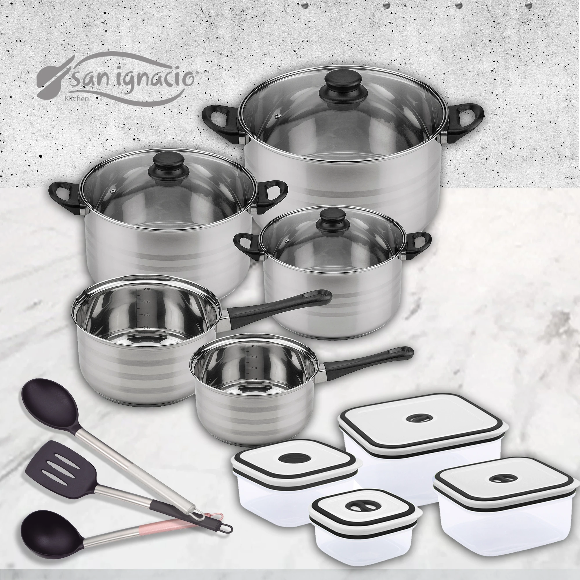 8 piece stainless steel kitchen Bateria with fiambreras and kitchen utensils SAN IGNACIO Premium