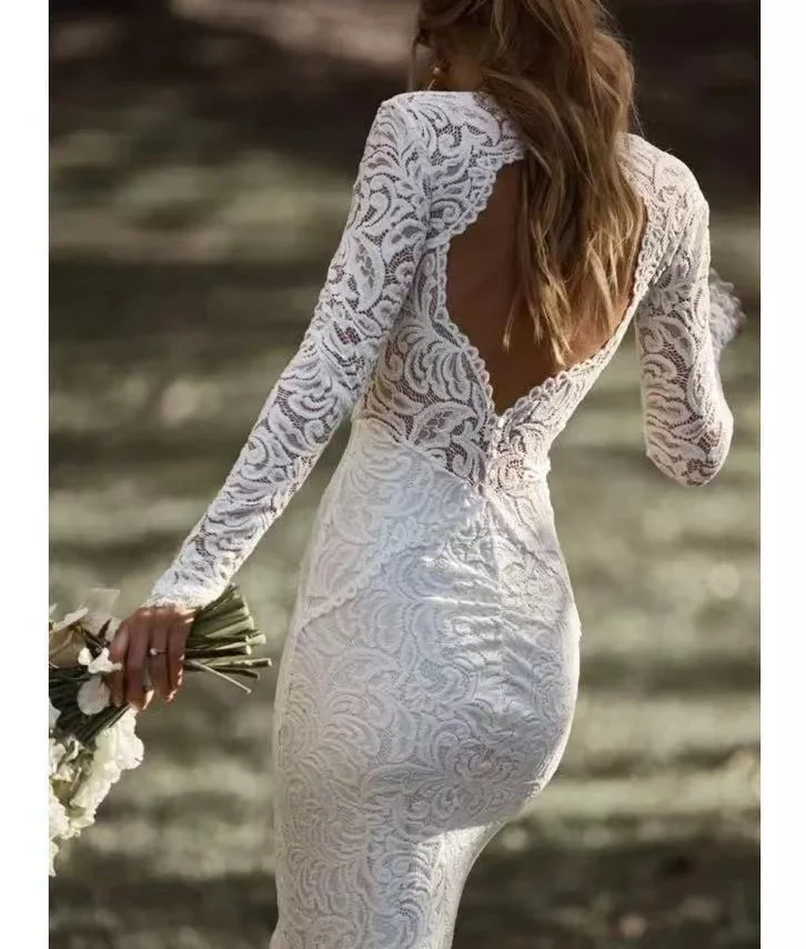 11775#Elegant Bohemian Open Back Sweep Train Long Sleeve Beach Lace Deep V-Neck Sexy Wedding Dress Wedding Bridal Gown Custom