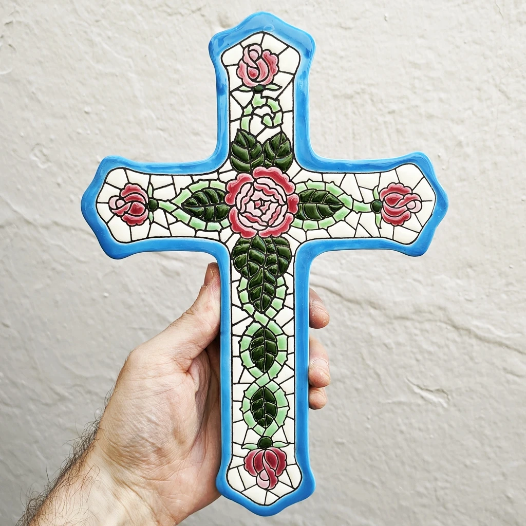 Ceramic cross 27cm (10.6 in)-enamel-hand glazed ceramic-made in Andalusia-Spain-Sevilla-CERAMICFROMSPAIN-