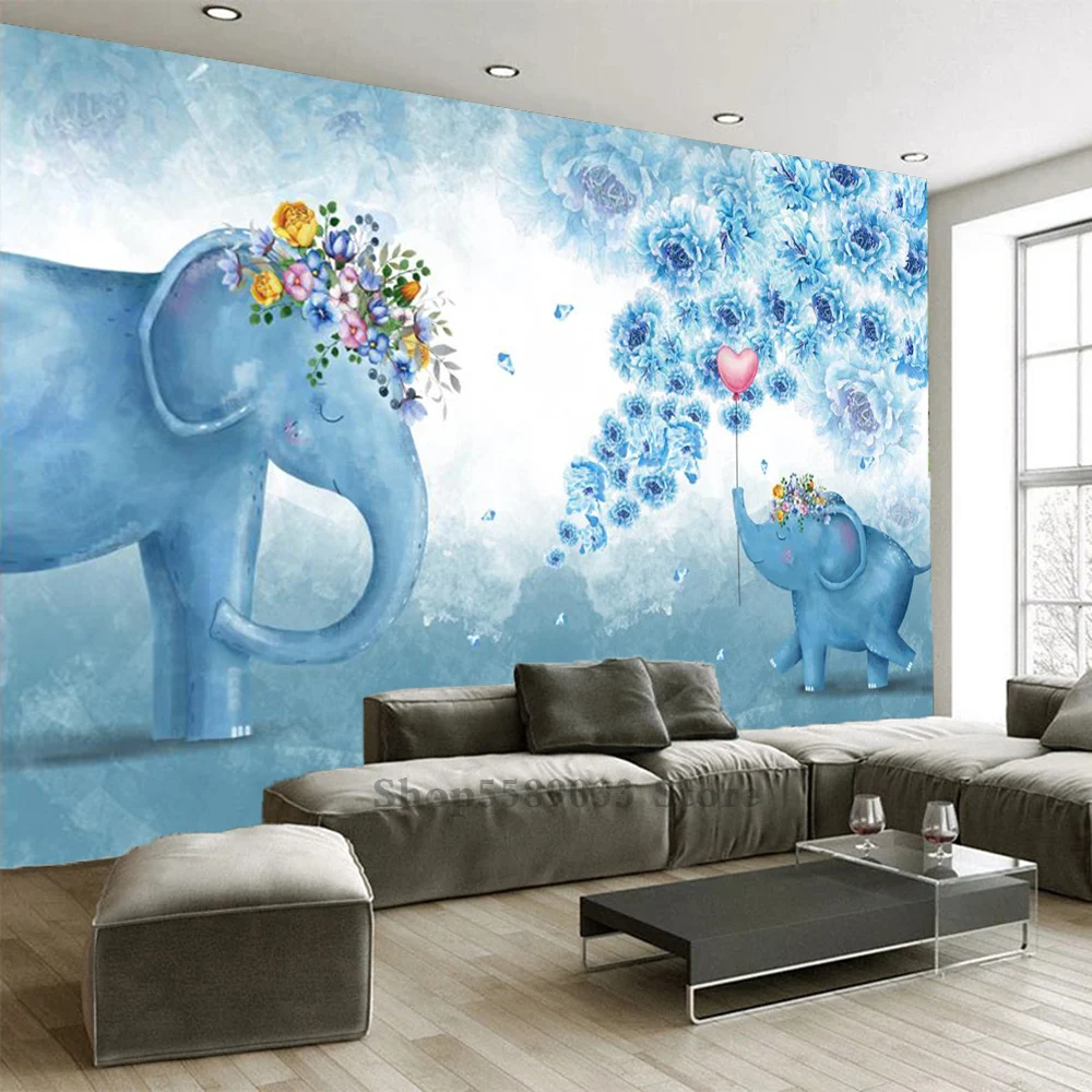 

Elephant Mom and Baby Wall Wallpaper For Infant Room Blue Flower Bedroom Sofa Background Decoration Home Mural Cozy Wall Sticker