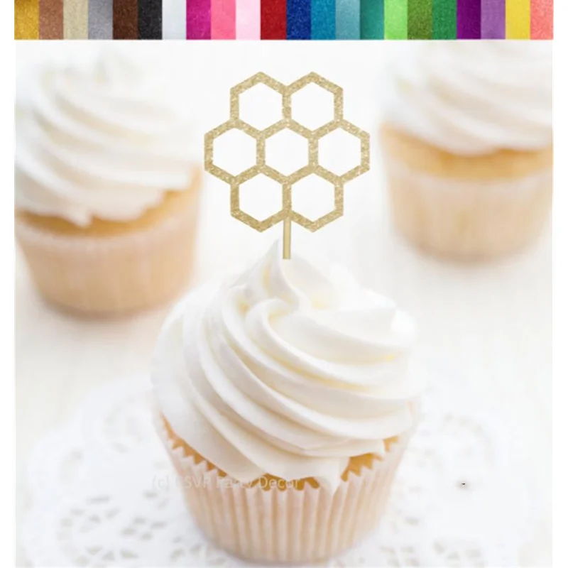 Custom Honeycomb Glitter Cupcake Toppers, Bee Toppers, Spring Party Decor, Bumble Bee Themed Party Decor,Honeycomb Food Picks