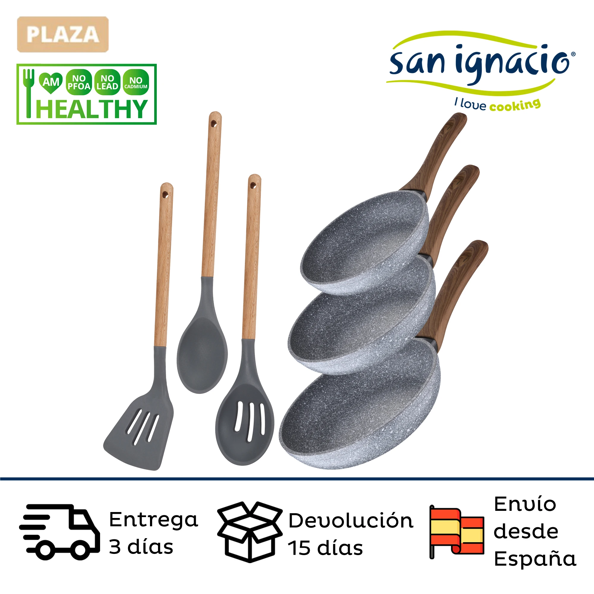 Saint Ignatius Daimiel set (22/24/26cm) wrought aluminium pans with wooden effect handles kitchen utensils