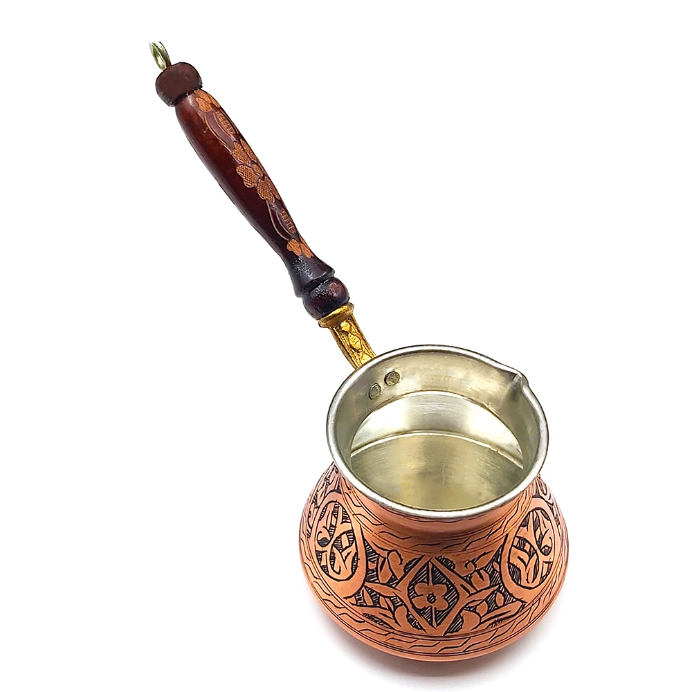13.50 Oz Medium Coffee Pot - Coffee Maker with Embroidered Wooden Handle 4 People Handmade Cezve Ibrik Brik (Copper)