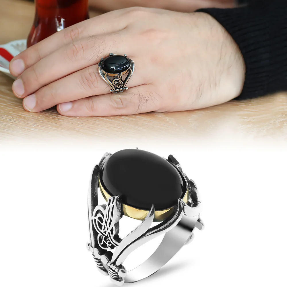 Oval Black Onyx Stone Sword Ottoman Ring for Men 925 Sterling Silver Collocation Fashion Natural Male Punk Mask Rings Vintage An