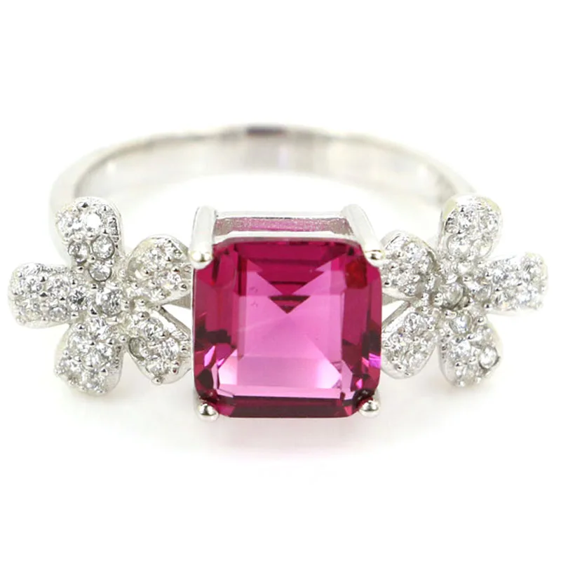 

24x8mm Jazaz Lovely Square Aquamarine 3.1g PInk Tourmaline White CZ For Women 925 Solid Sterling Silver Rings